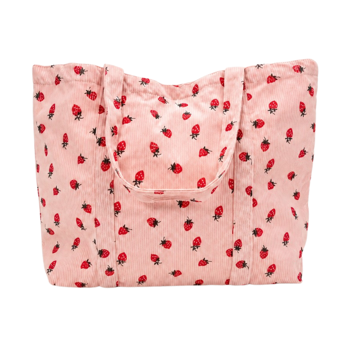 Sac cabas en velours côtelé rose à motifs de fraises – Josslyn