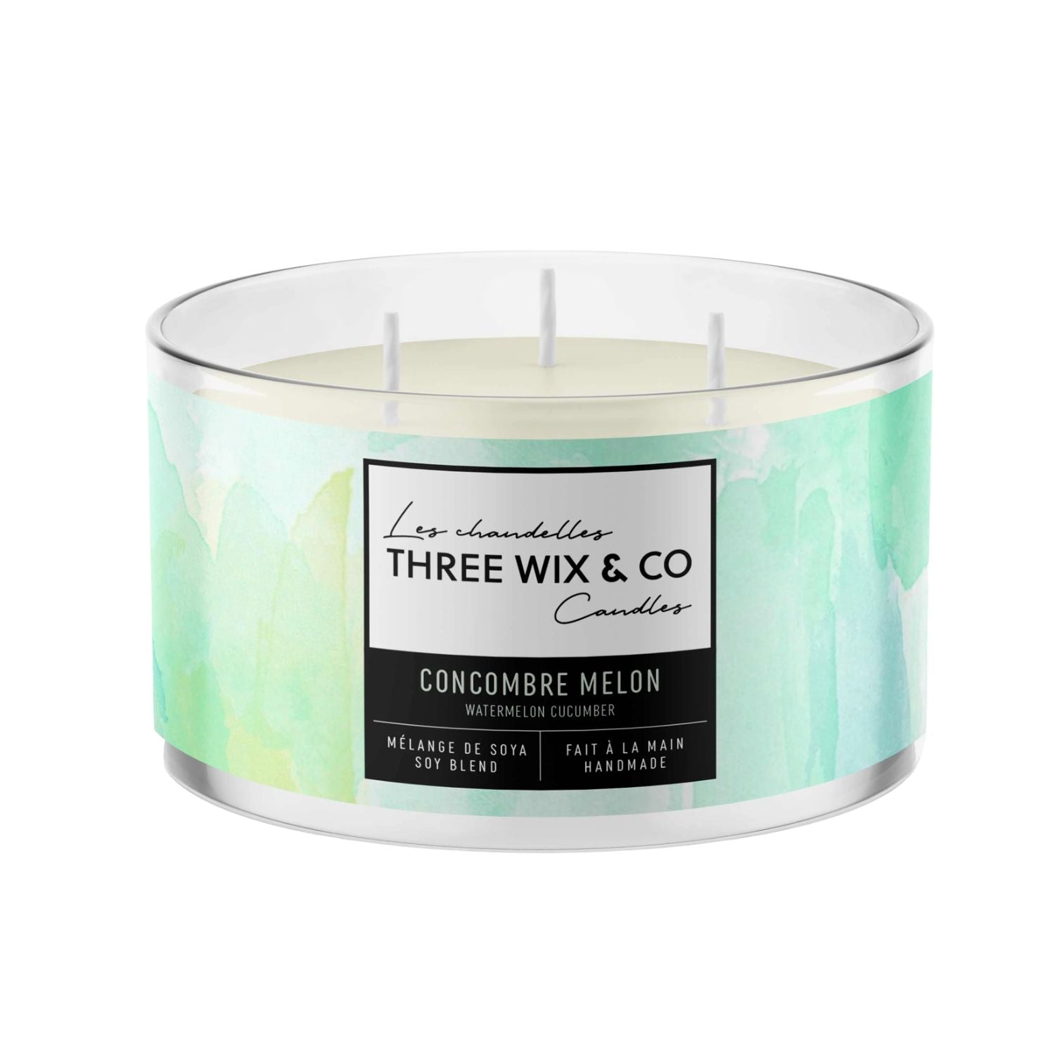 Three Wix & Co – Chandelle 3 mèches concombre melon (Watermelon Cucumber) – Mélange soya, fait à la main