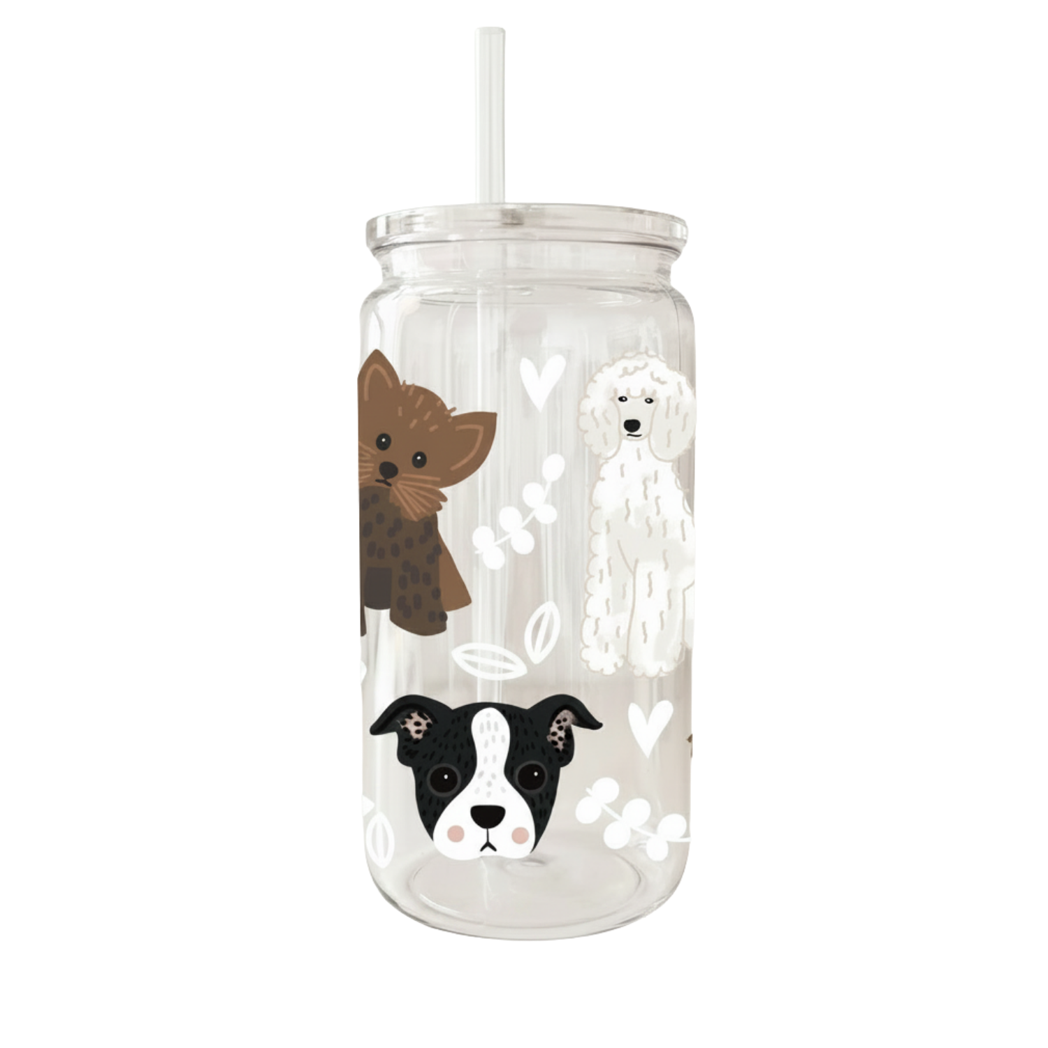 Verre en Plastique Woof 16 oz — Yorkshire, Caniche & Bouledogue | Couvercle Clair & Paille