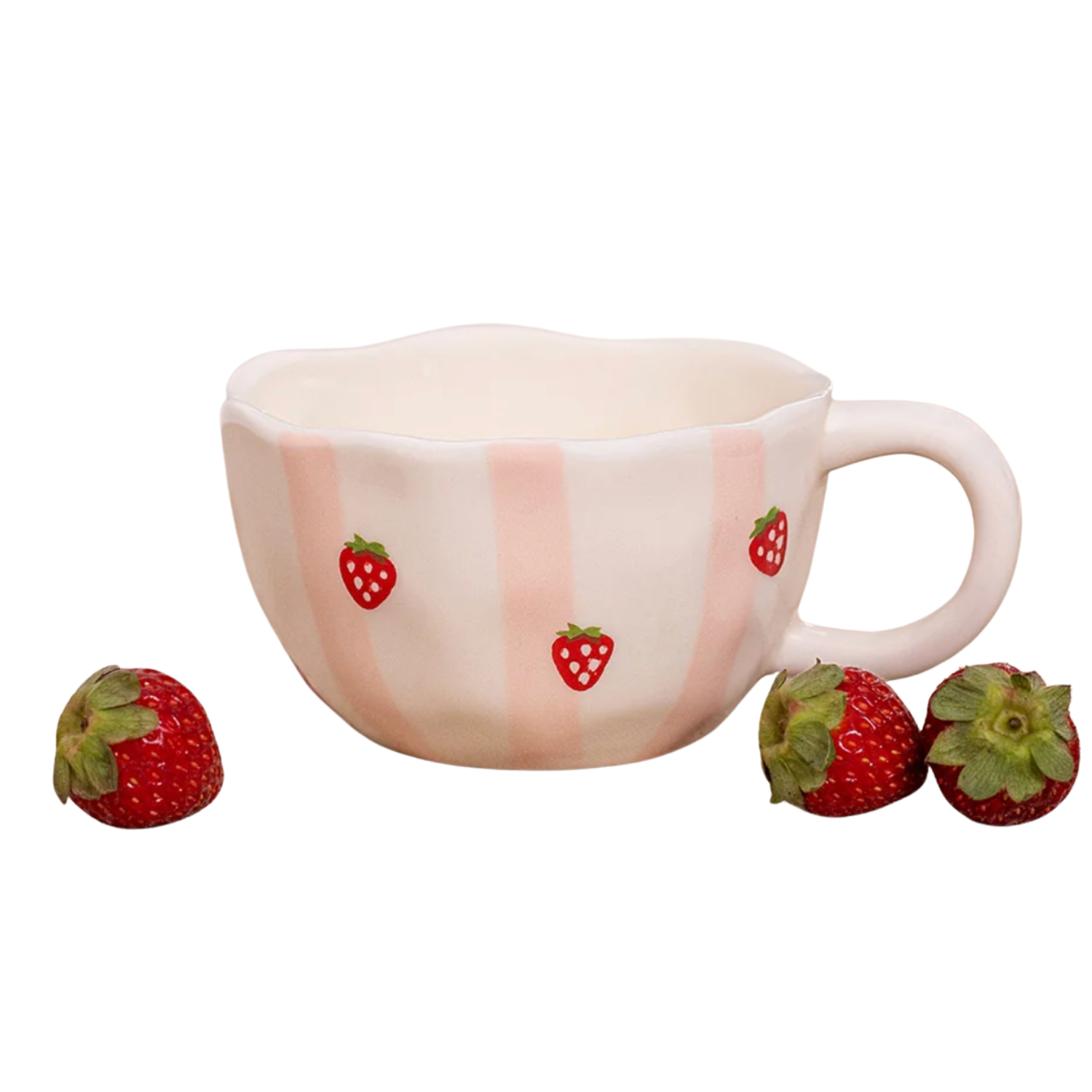 Tasse Rayures de Fraises — Céramique Rose & Fraises Rouges | Tasse à Café Artisanale