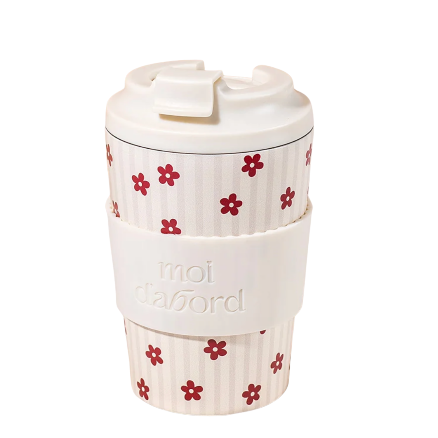 Tasse de Voyage « Moi D’Abord » Rayures Florales — Fleurs Rouges sur Crème