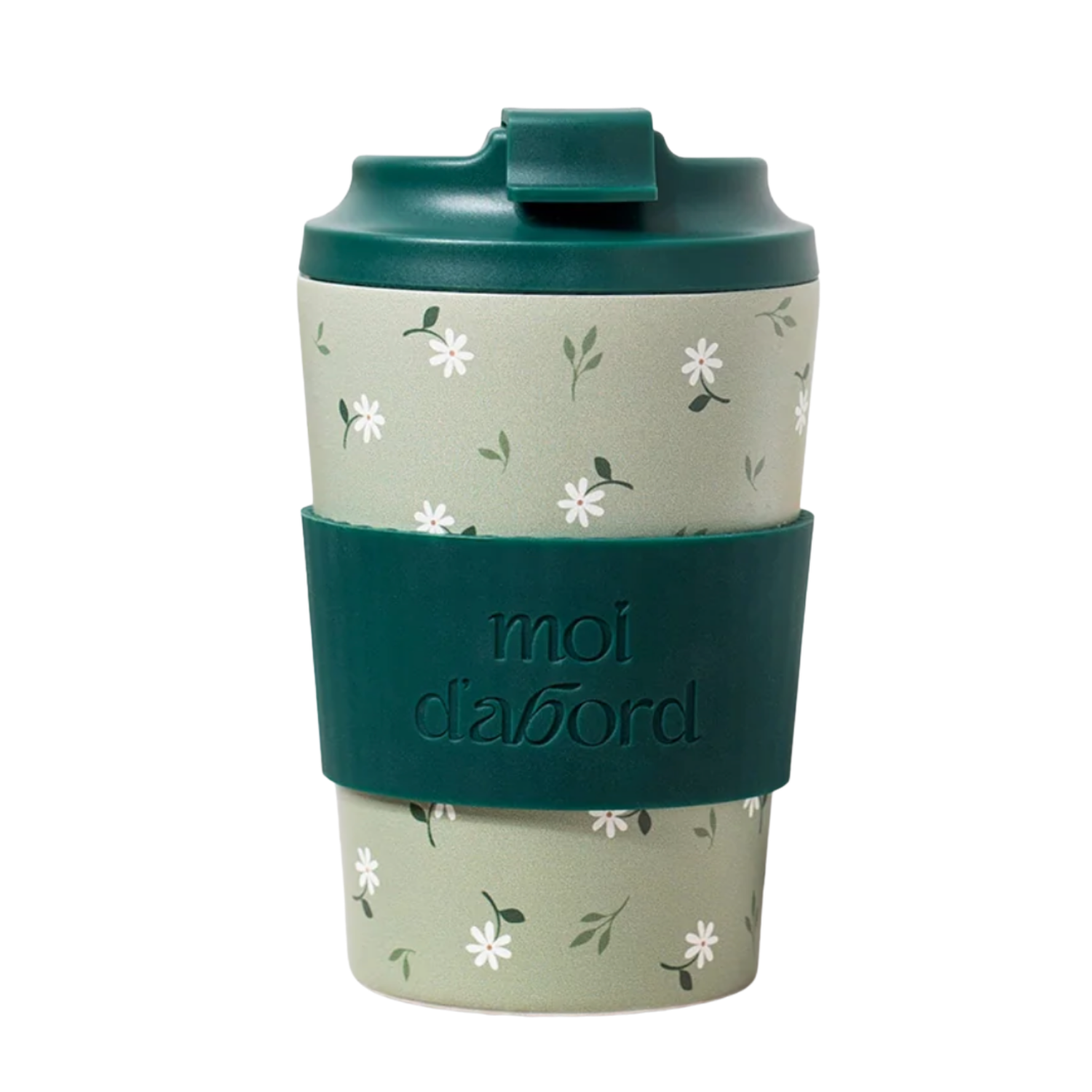 Tasse de Voyage « Moi D’Abord » Marguerite — Marguerites Blanches & Vert Sauge | Couvercle Silicone
