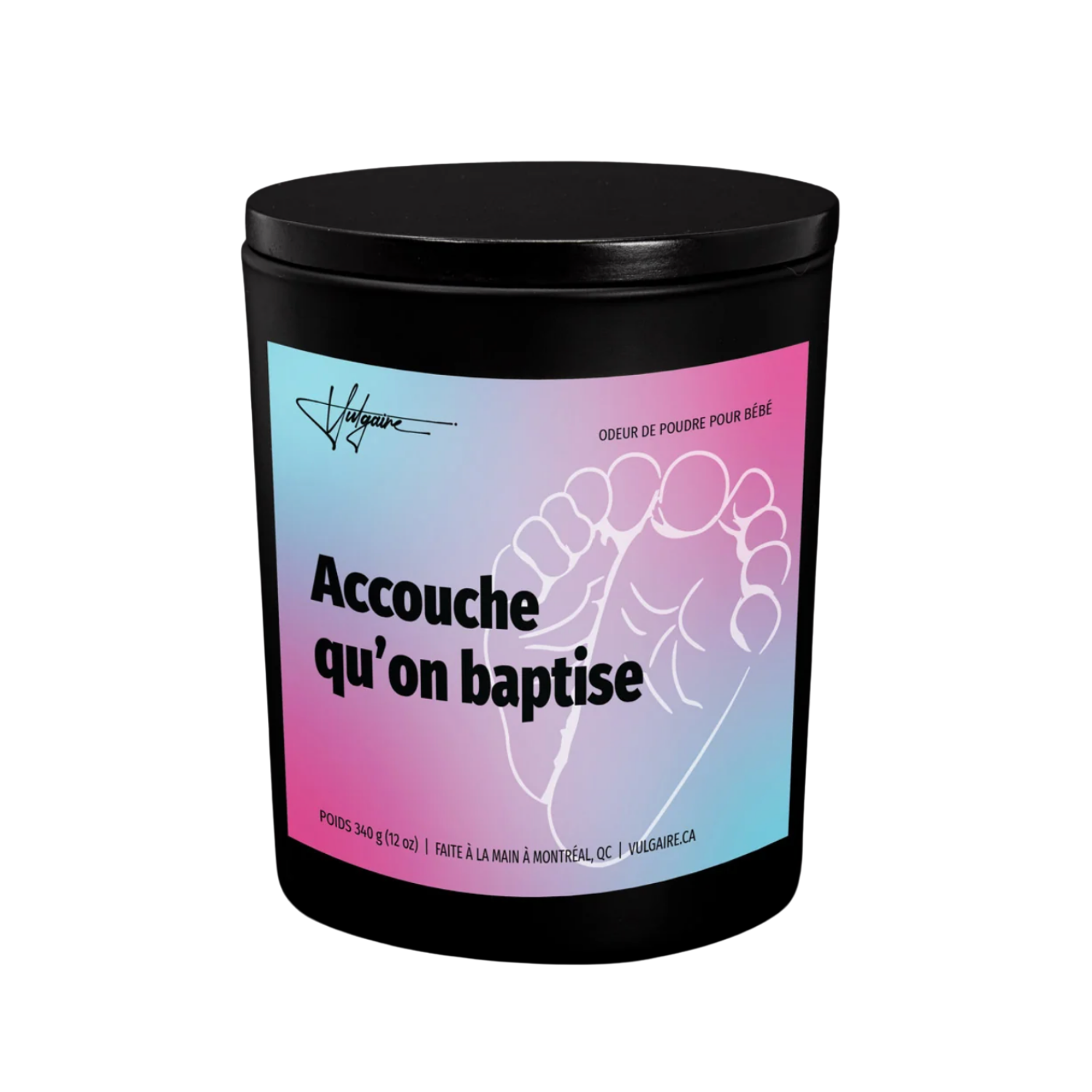 Bougie Accouche qu’on baptise — Odeur de Poudre pour Bébé | 340g | Vulgaire | Fait main à Montréal