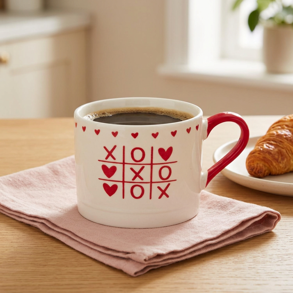 Tasse blanche tic-tac-toe à cœurs rouges – Abbott