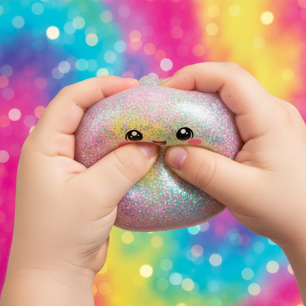 Enfant tenant un dumpling squishy kawaii coloré — jouet surprise mystery