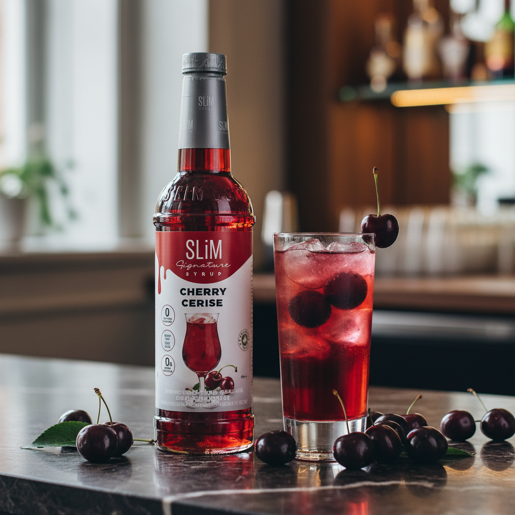 Sirop SLiM Cerise avec cocktail glacé et cerises fraîches, ambiance bar élégant