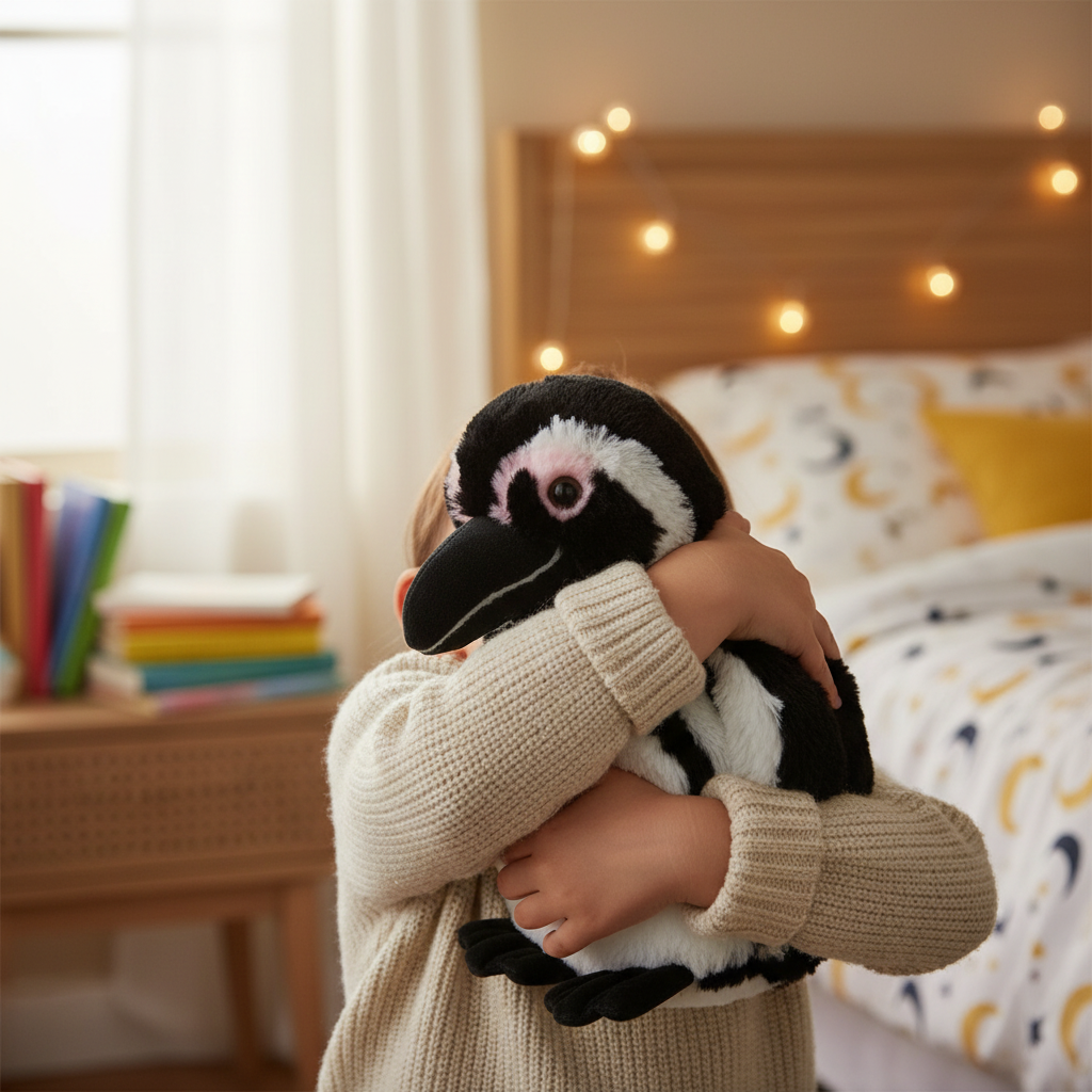 Enfant tenant le toutou pingouin Fahlo dans ses bras