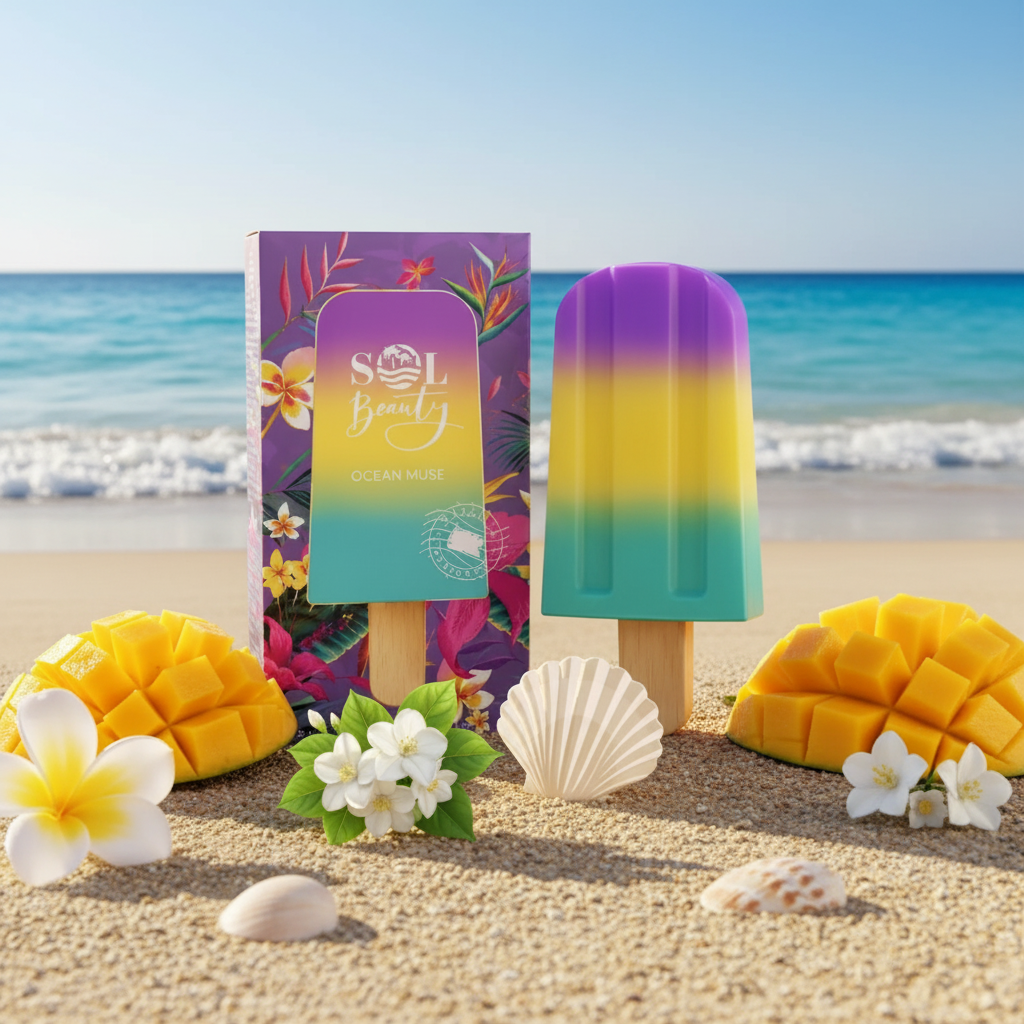 Flacon popsicle Sol Beauty Ocean Muse sur plage tropicale avec mangue, jasmin et vagues