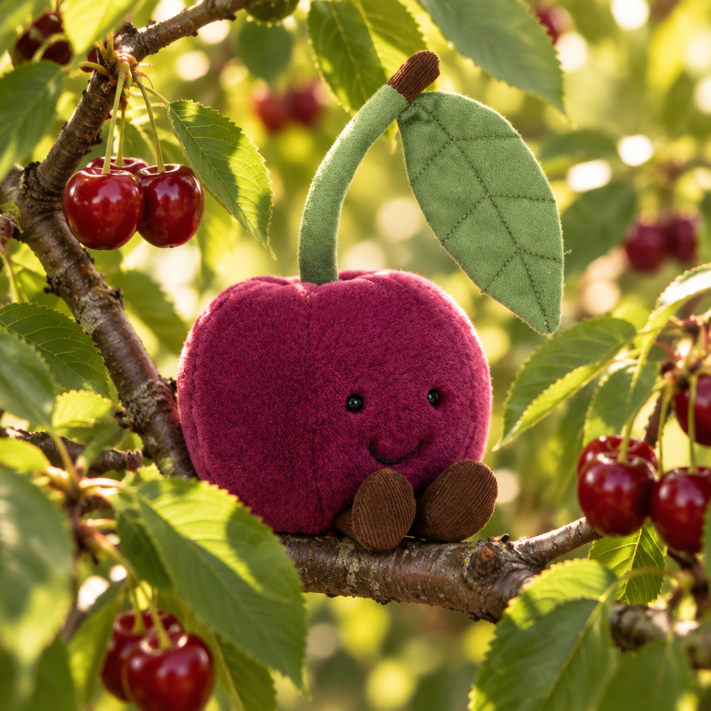 Peluche Amuseable Cerise de Jellycat installée dans les branches d’un cerisier avec des feuilles et des cerises rouges