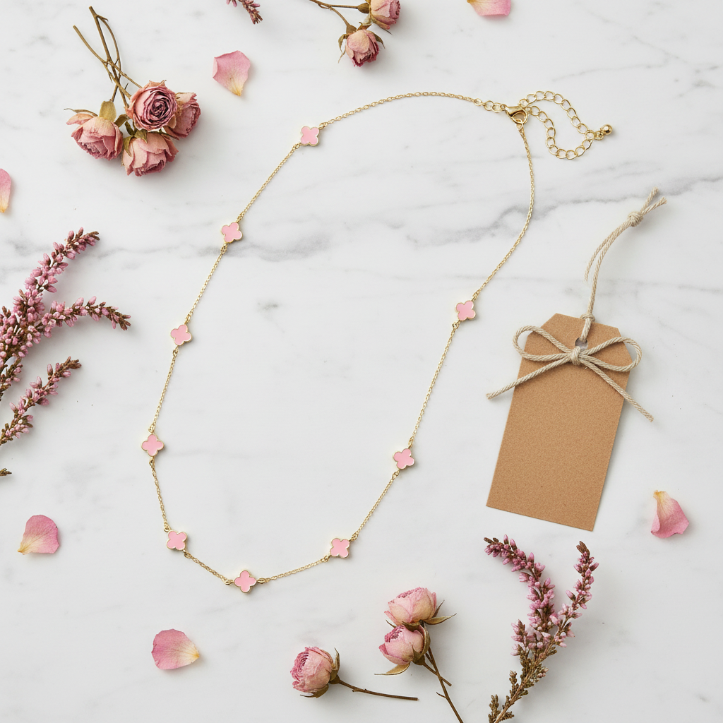 Flat lay collier trèfle émail rose sur marbre blanc
