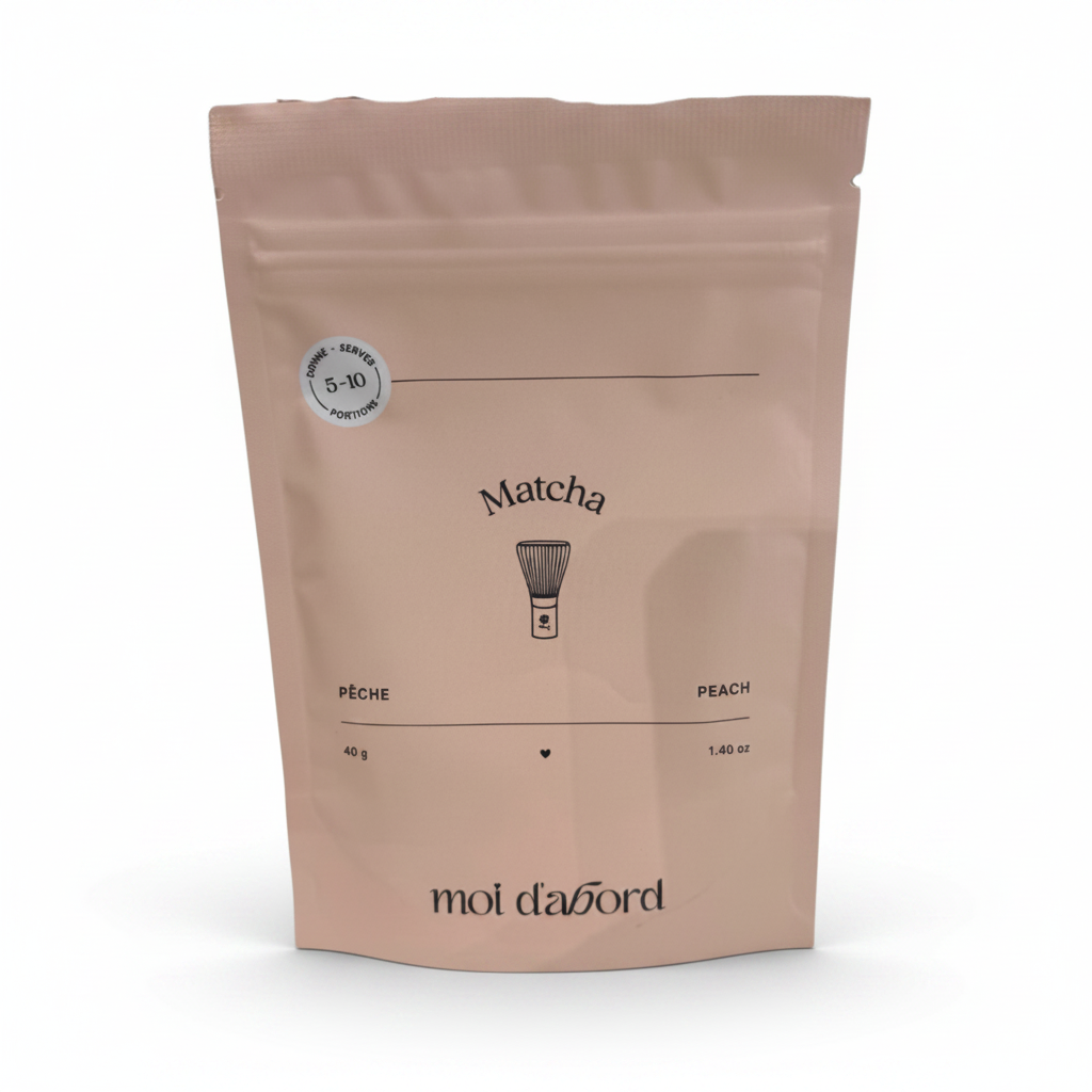 Sachet Matcha Pêche Moi d'abord pêche/beige sur fond blanc