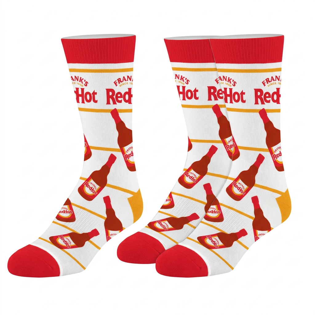 Paire de chaussettes Frank’s RedHot blanches, rouges et jaunes à motifs de bouteilles sur fond blanc.