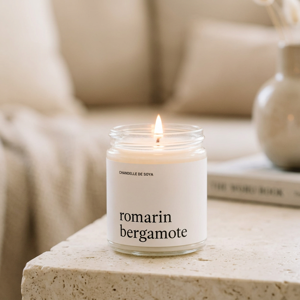 Chandelle de soya Romarin et bergamote Marée allumée dans un décor chaleureux
