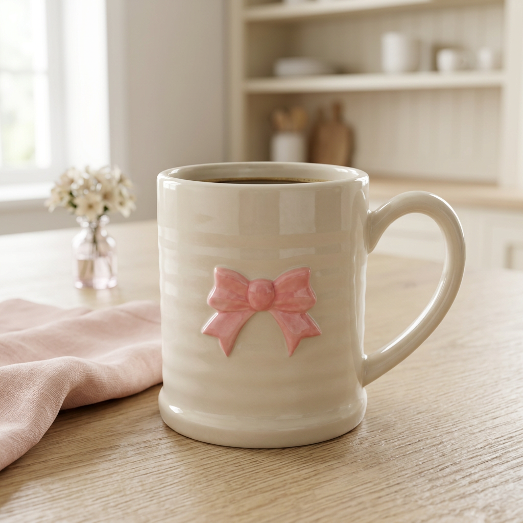 Tasse Teensy Bow ivoire à boucle rose en relief sur une table de déjeuner lumineuse.