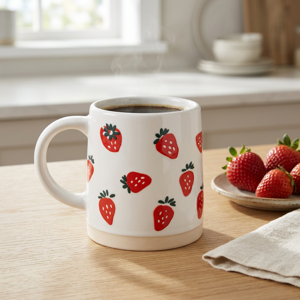 Tasse Artisan blanche à motifs de fraises sur une table de déjeuner lumineuse.