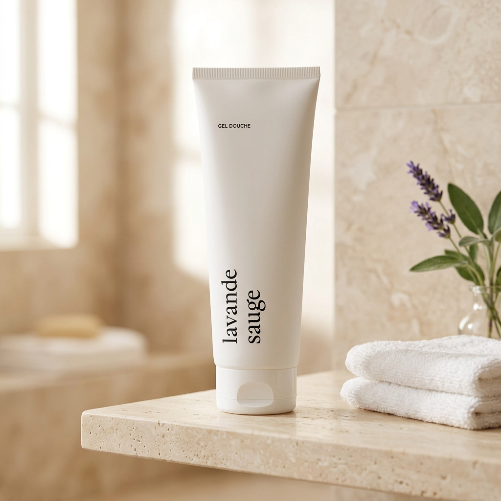 Gel douche Lavande et sauge Marée dans une ambiance salle de bain crème