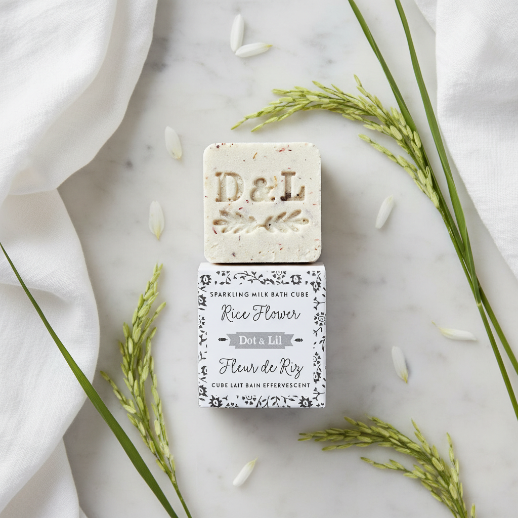 Cube lait bain effervescent Fleur de Riz Dot & Lil flat lay marbre