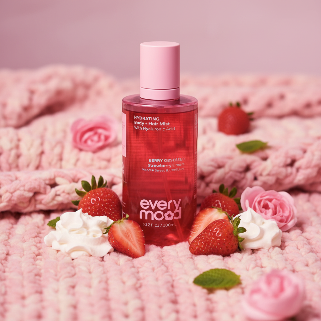 Flacon spray Every Mood Strawberry Cream sur surface féminine avec fraises, fleurs roses et crème fouettée