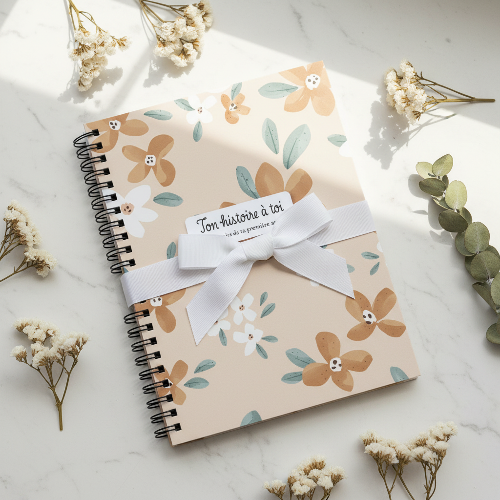 Journal bébé fleurs orangées emballé avec ruban blanc cadeau naissance