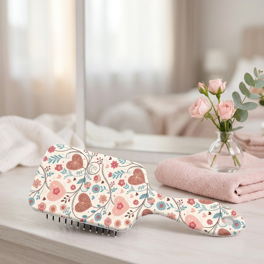 Grande brosse démêlante Josslyn à cœurs et fleurs sur une coiffeuse