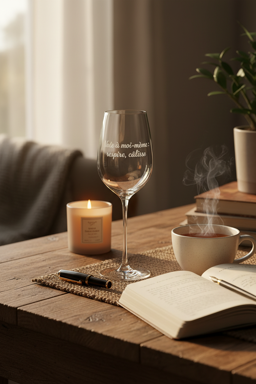 Verre à vin humoristique québécois sur bureau cosy avec journal, chandelle et tasse de thé