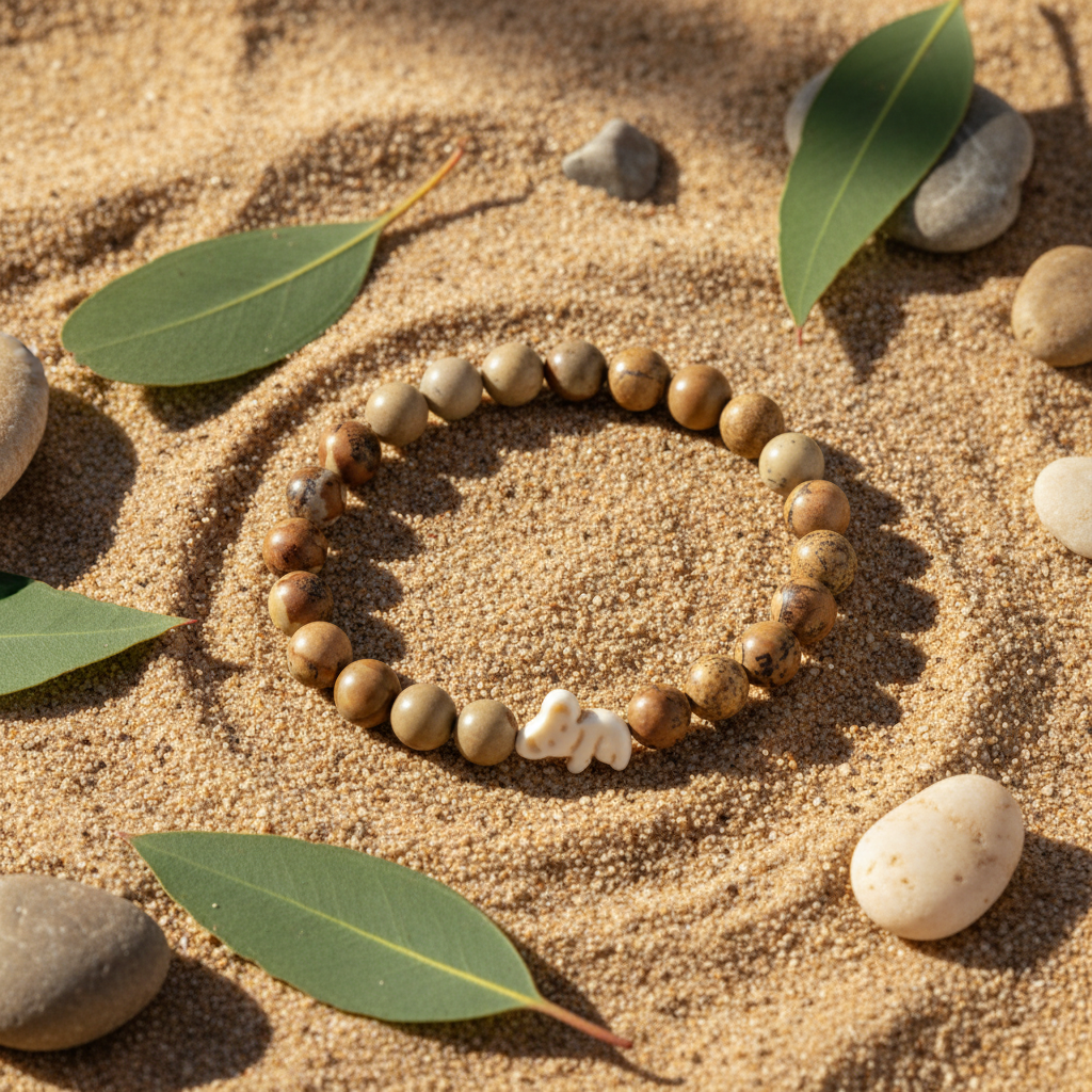 Bracelet Fahlo Koala Dune sur surface sableuse avec feuilles d’eucalyptus