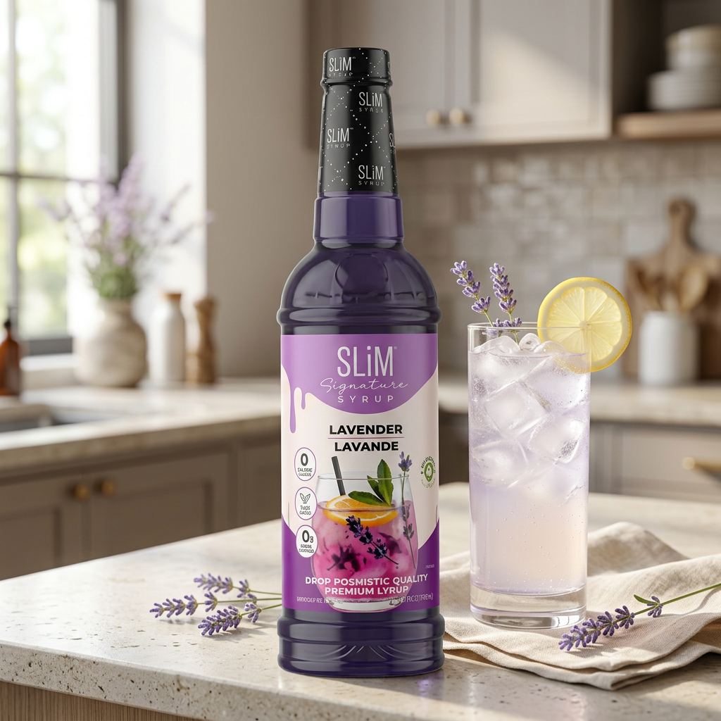 Sirop lavande Slim en ambiance cuisine avec une limonade glacée et des brins de lavande.