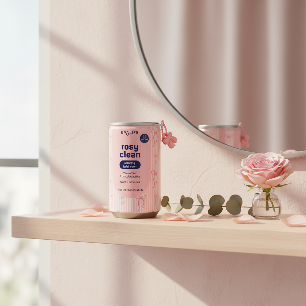 Lingettes apaisantes Rosy Clean de SPA LIFE dans un décor spa rose poudré