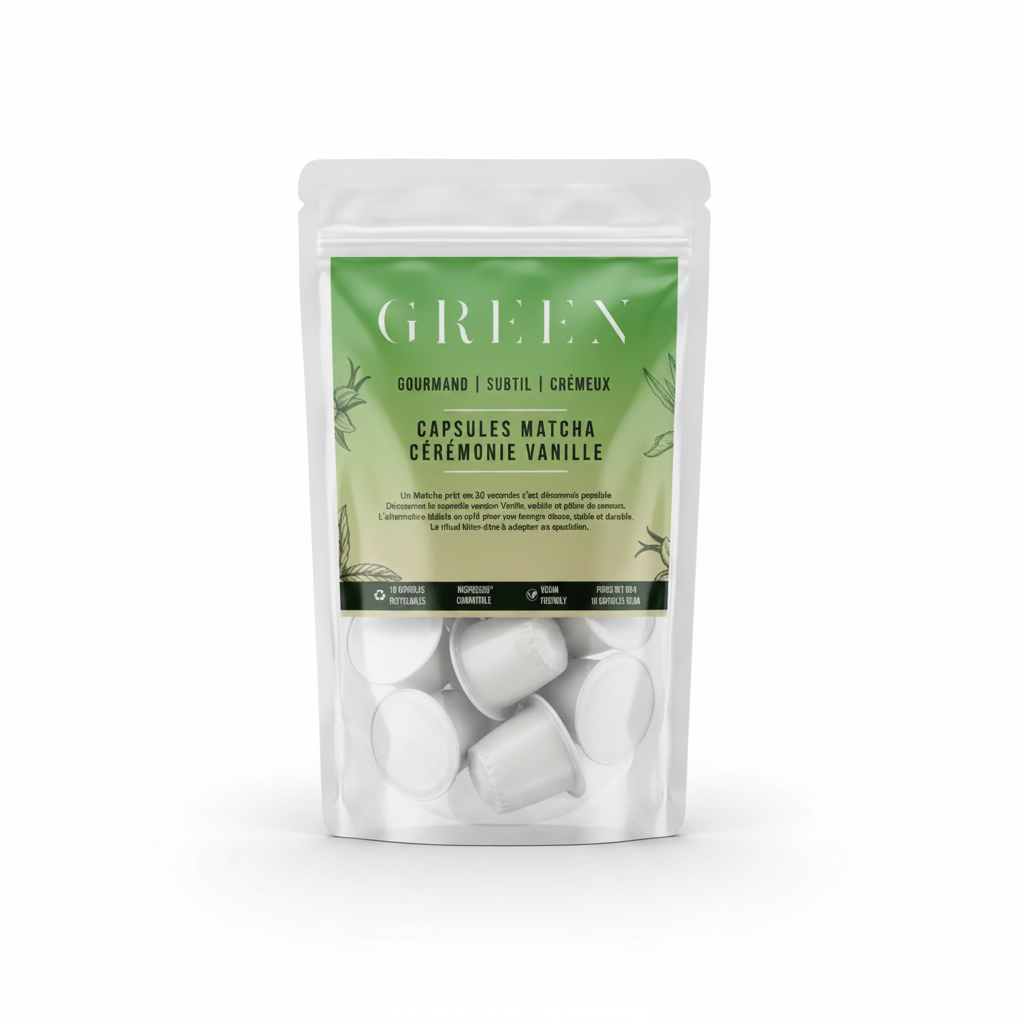 Sachet GREEN Capsules Matcha Cérémonie Vanille sur fond blanc