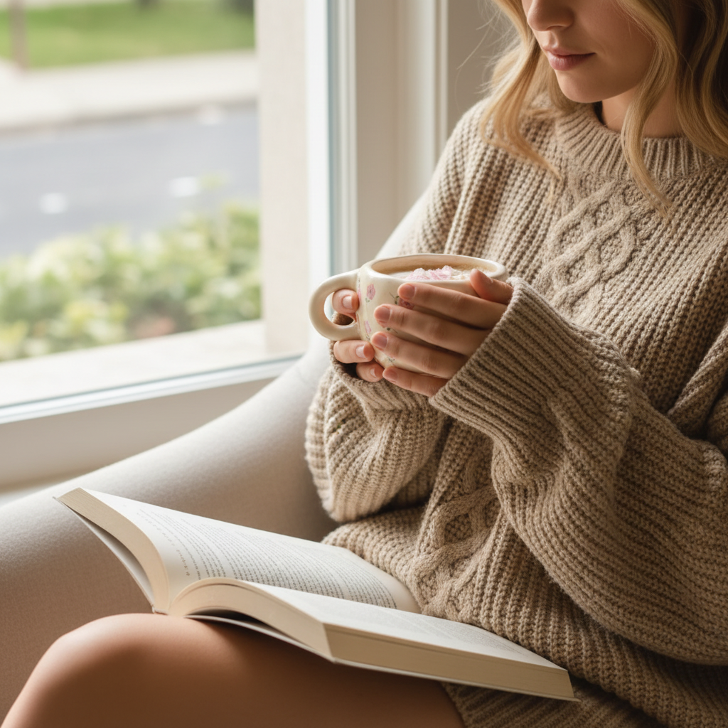 Femme en chandail tenant la tasse Roseline près d'une fenêtre
