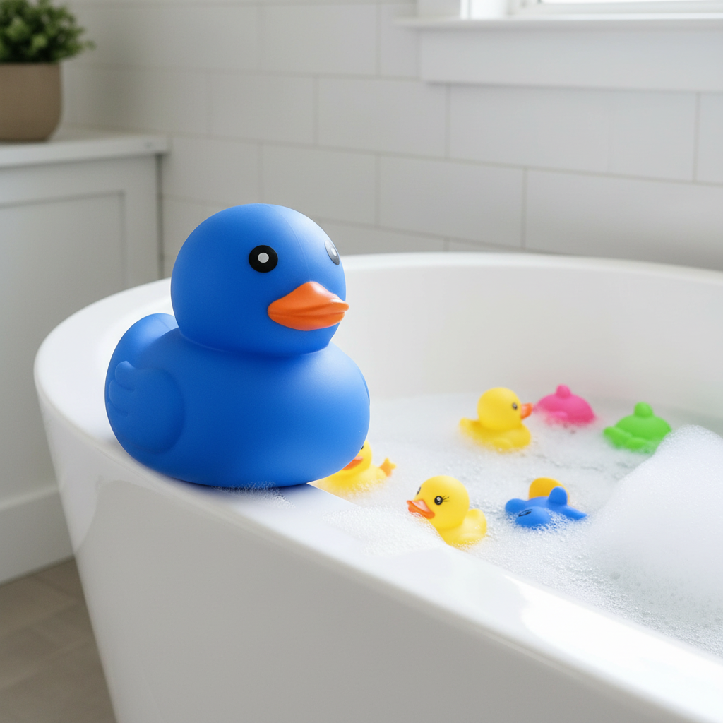 Canard géant squishy bleu 20 cm au bord du bain
