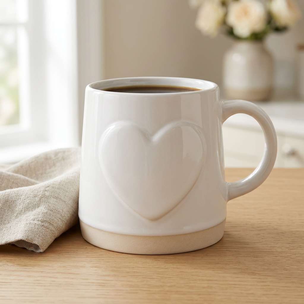 Tasse Artisan blanche à cœur en relief sur une table de déjeuner lumineuse.