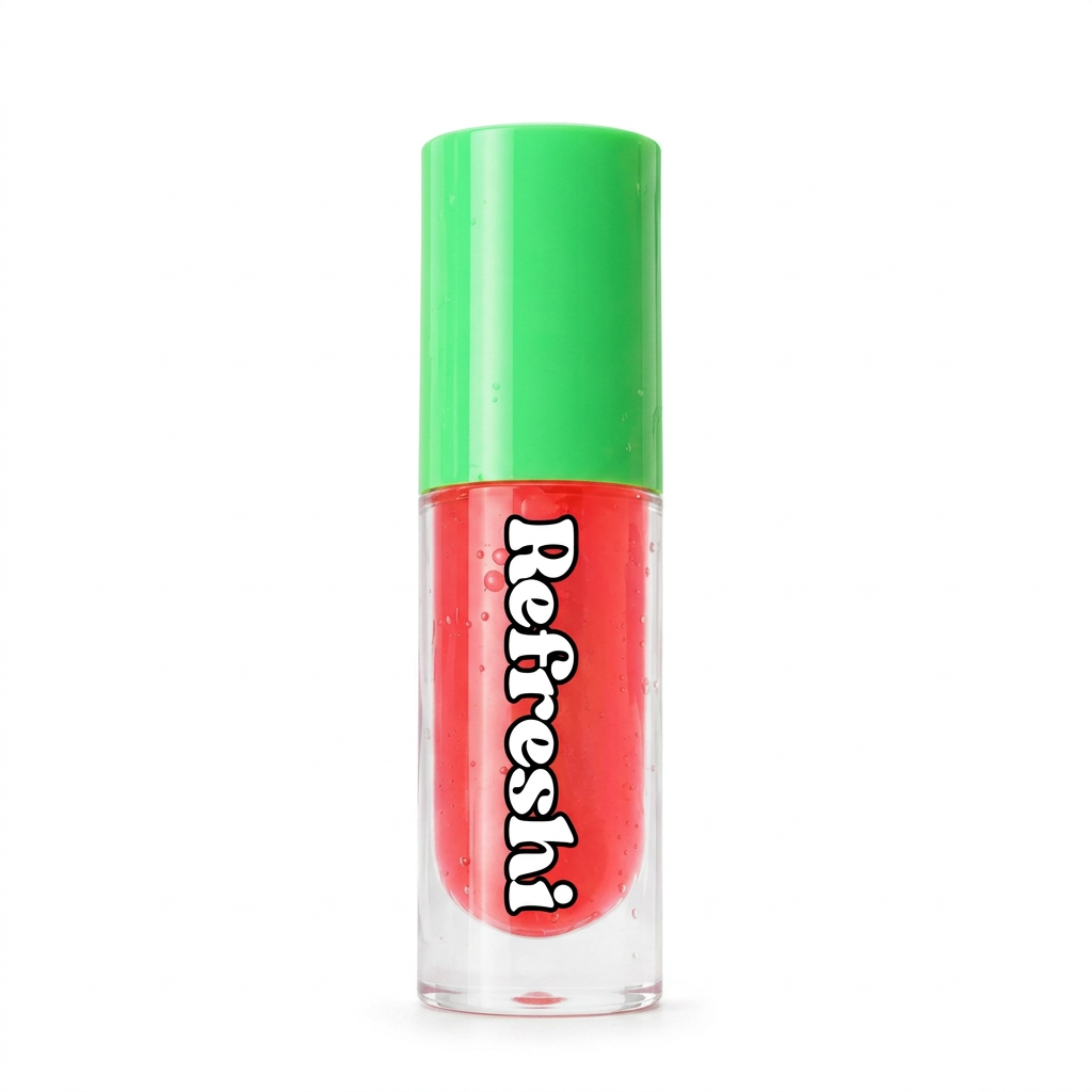 Huile à lèvres Refreshi Strawberry Daquiri au capuchon vert sur fond blanc carré.
