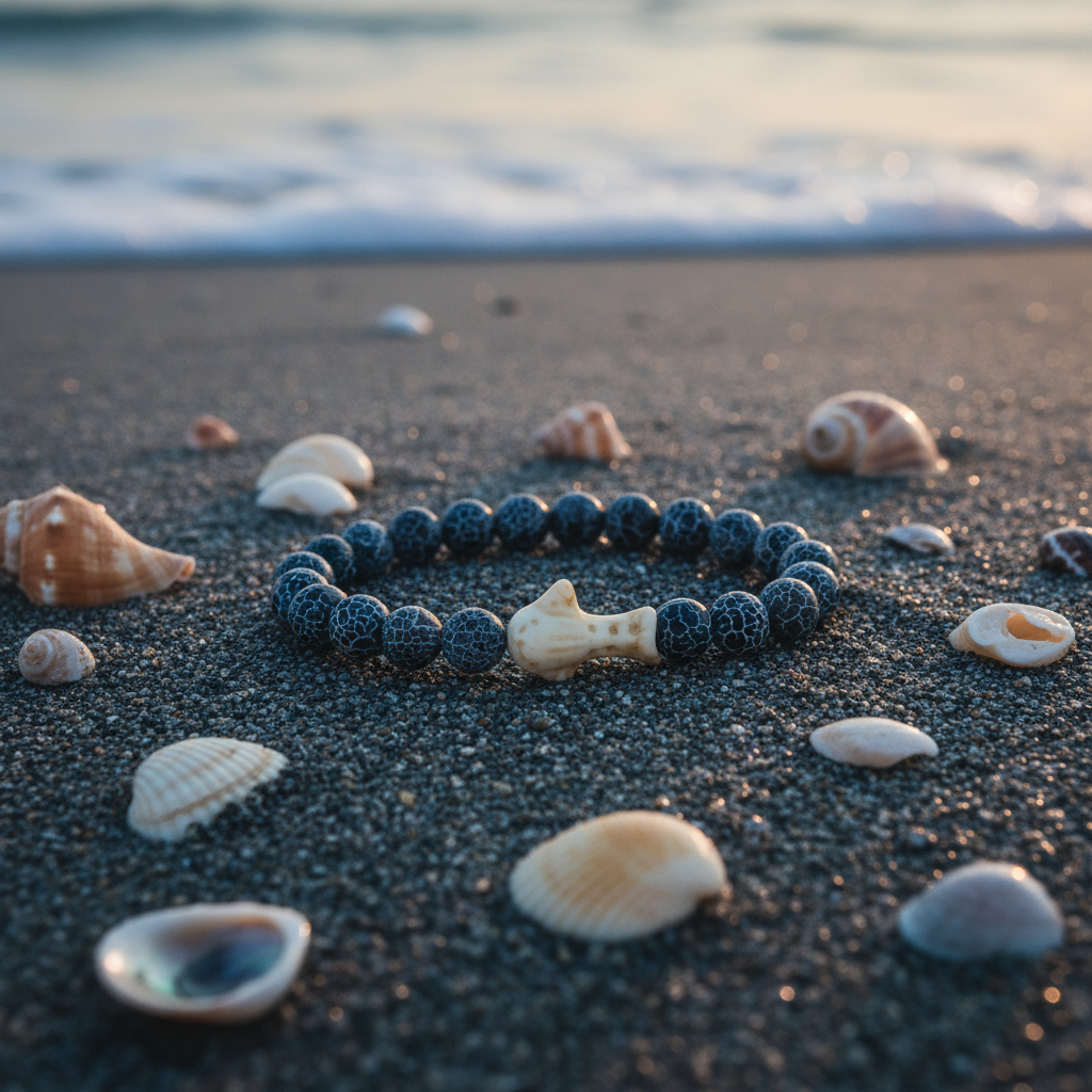 Bracelet Fahlo Requin Baleine Deep Blue sur sable mouillé avec coquillages