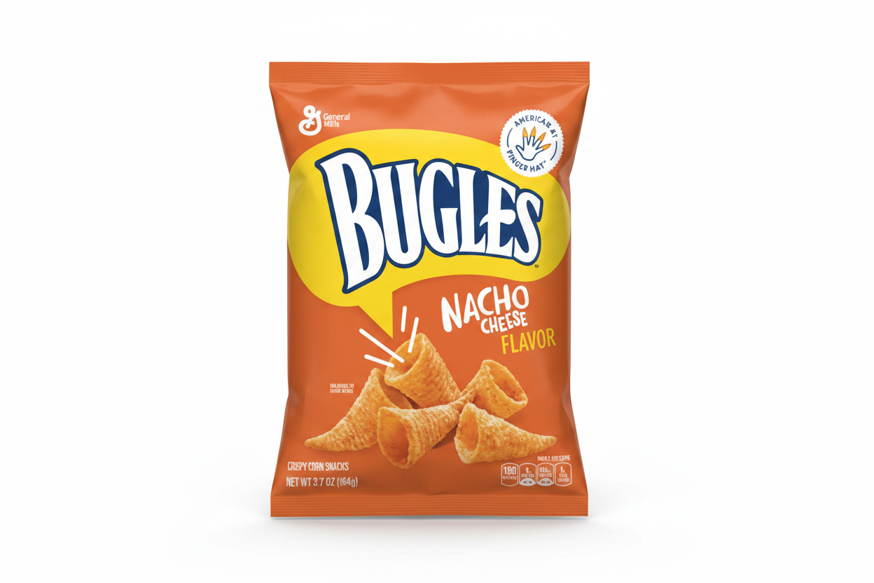 Sac de Bugles Nacho Cheese Flavor 104g sur fond blanc