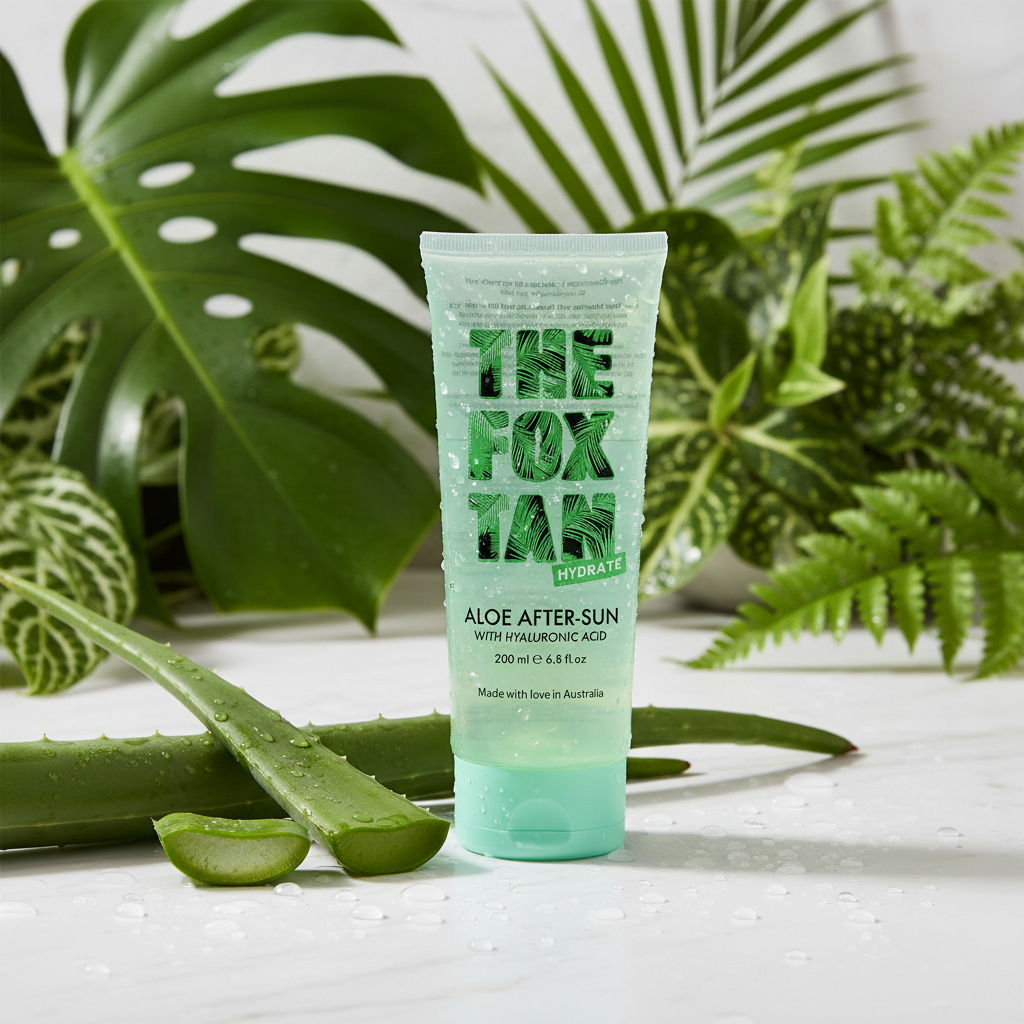 The Fox Tan Hydrate Aloe After-Sun sur marbre blanc avec feuilles d’aloe vera fraîches
