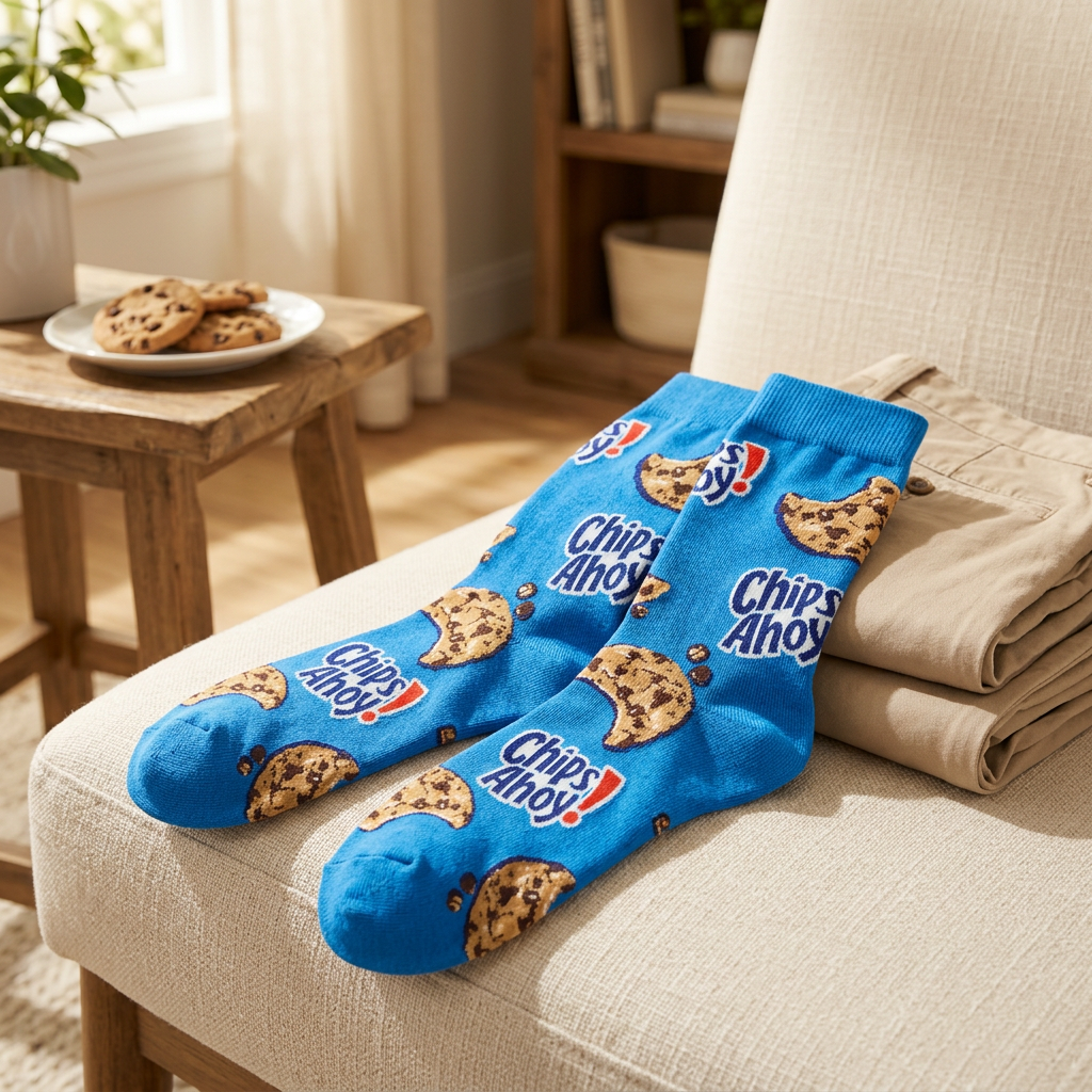 Chaussettes Chips Ahoy bleues présentées dans un décor chaleureux avec des biscuits en arrière-plan.