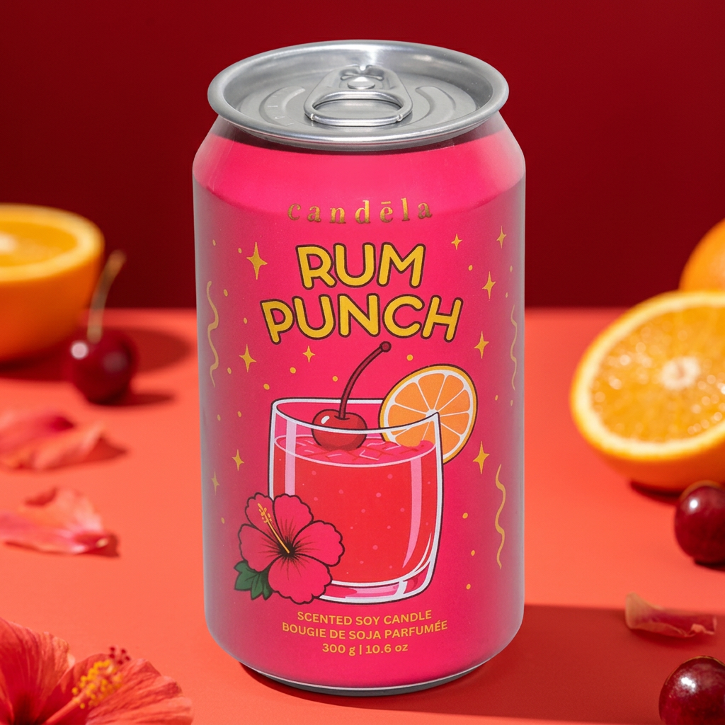 Bougie CANDÈLA Rum Punch dans un décor tropical rouge avec oranges et cerises