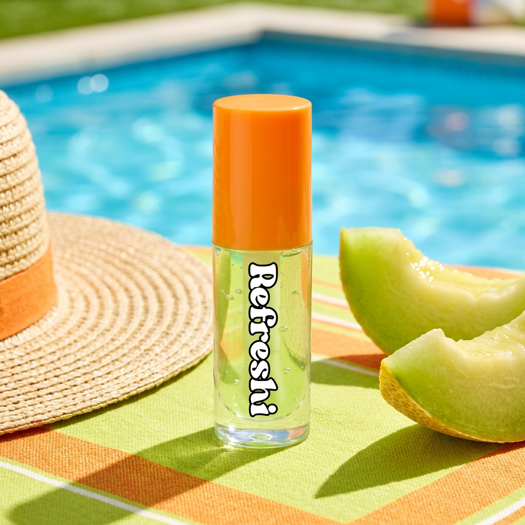 Huile à lèvres Refreshi Melon miel dans une ambiance estivale orange et vert lime au bord de la piscine.