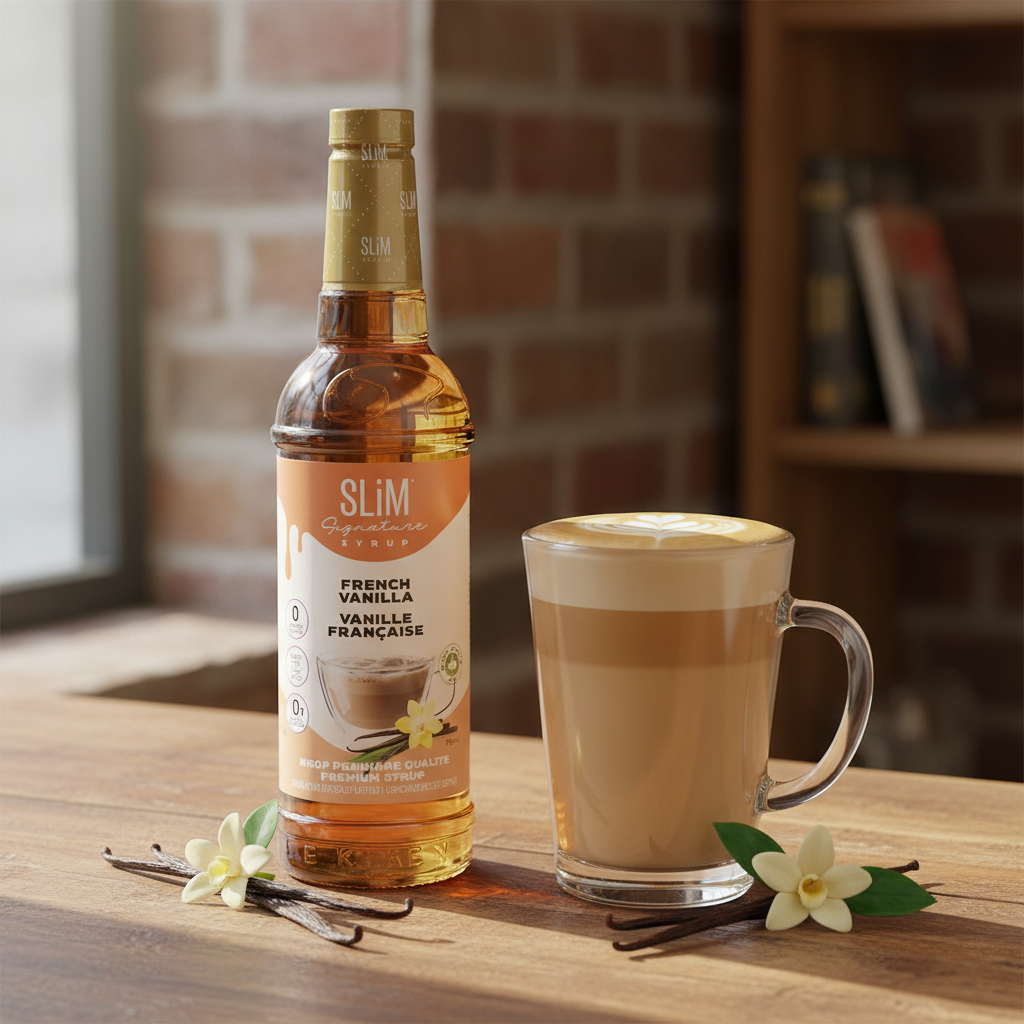 Sirop SLiM Vanille Française avec latte crémeux et gousses de vanille, ambiance café cosy