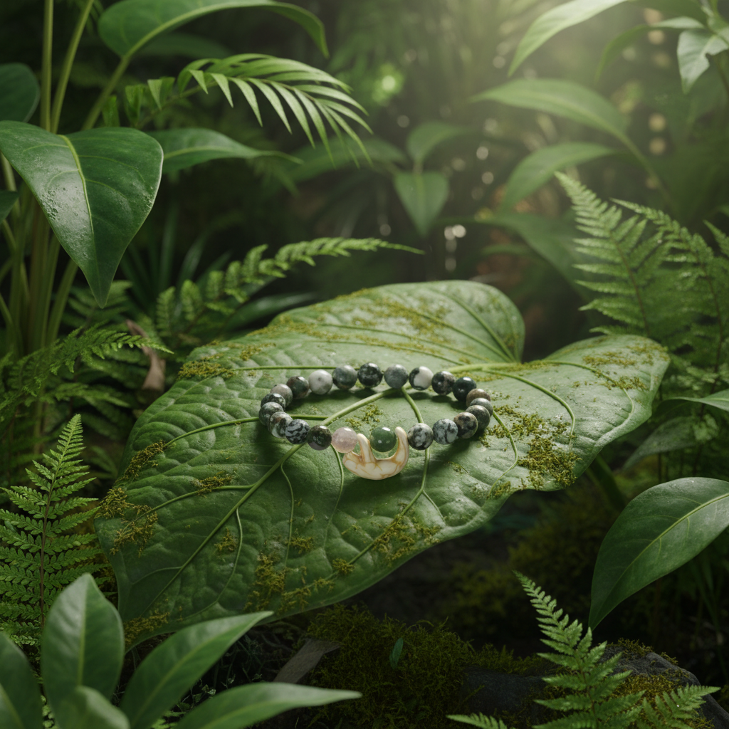 Bracelet Fahlo Paresseux Wander Green sur feuilles tropicales vertes