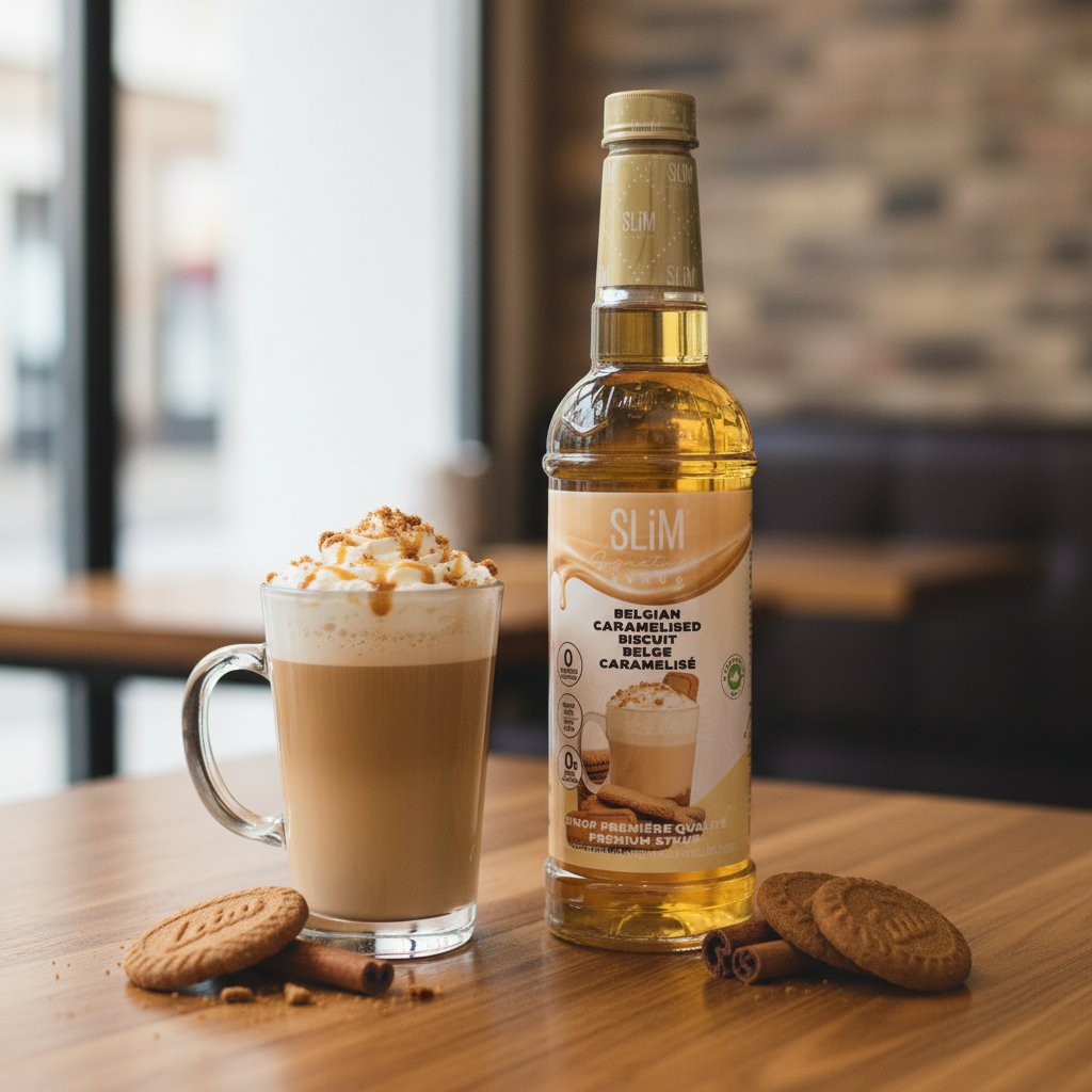 Sirop SLiM Biscuit Belge Caramélisé avec latte speculoos, crème fouettée et biscuits belges émiettés, ambiance café belge cosy