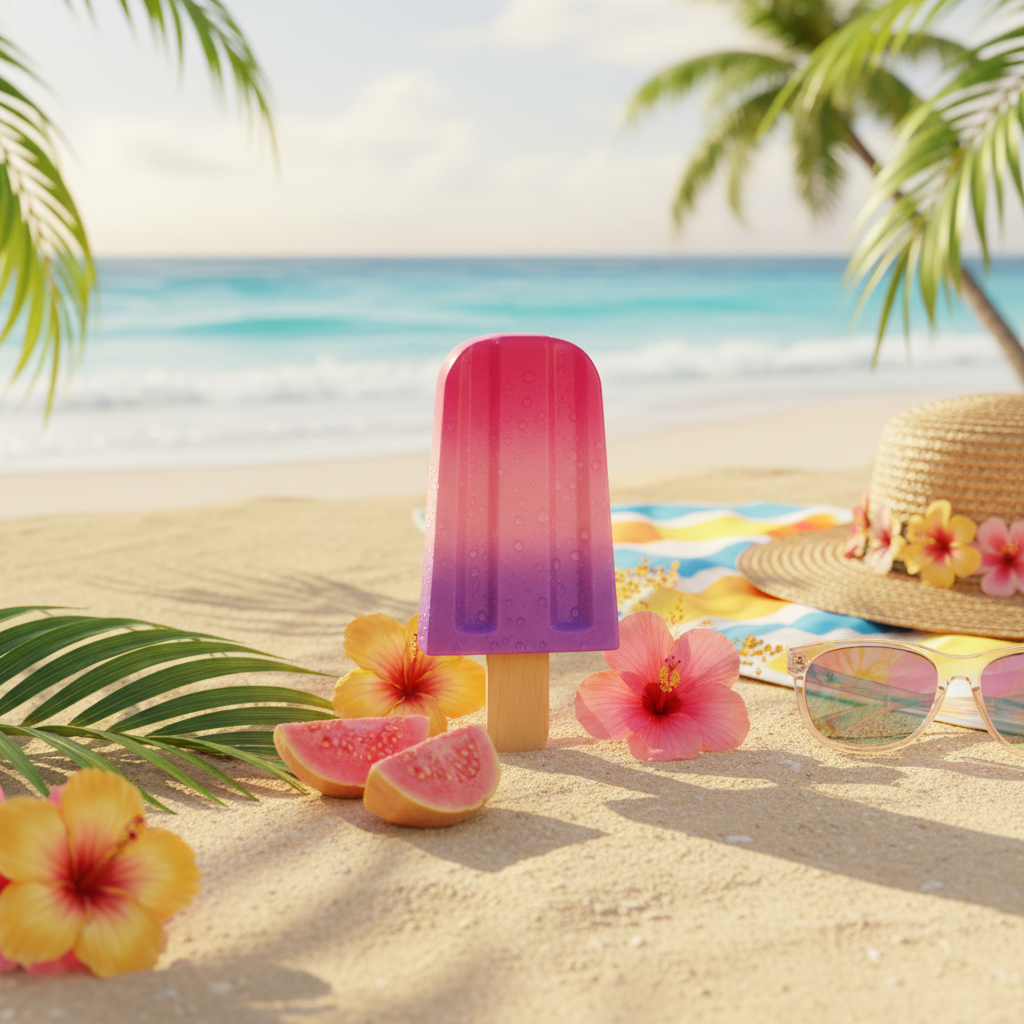 Flacon popsicle Sol Beauty Guava Colada sur surface tropicale avec goyave, hibiscus et feuilles de palmier