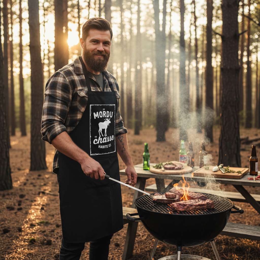 Homme portant tablier noir chasse au BBQ en forêt