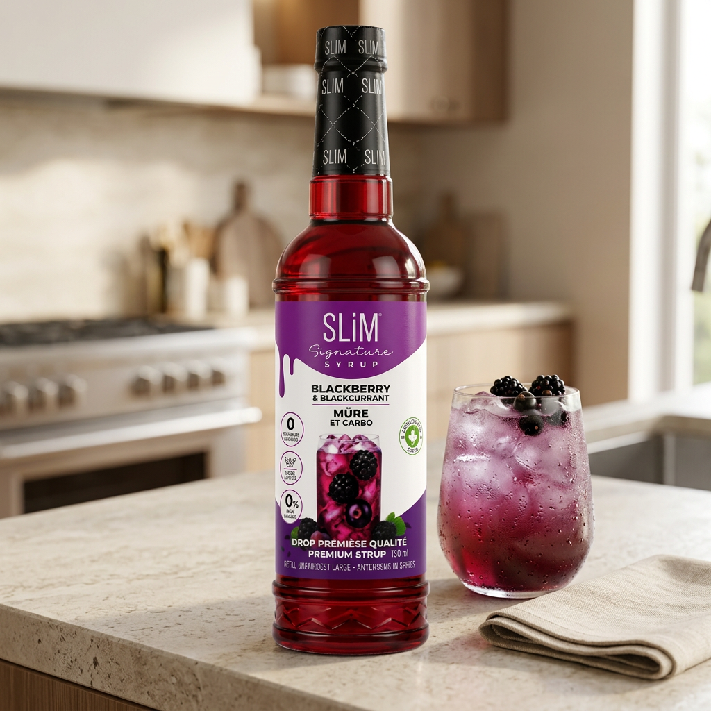 Sirop Slim mûre et cassis dans une ambiance cuisine avec une boisson glacée et des petits fruits.