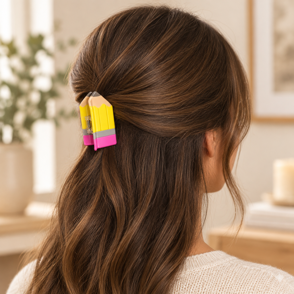 Pince à cheveux crayon jaune et rose portée dans les cheveux