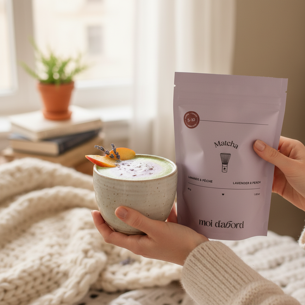 Mains tenant le sachet Matcha Lavande & Pêche Moi d'abord avec un latte floral
