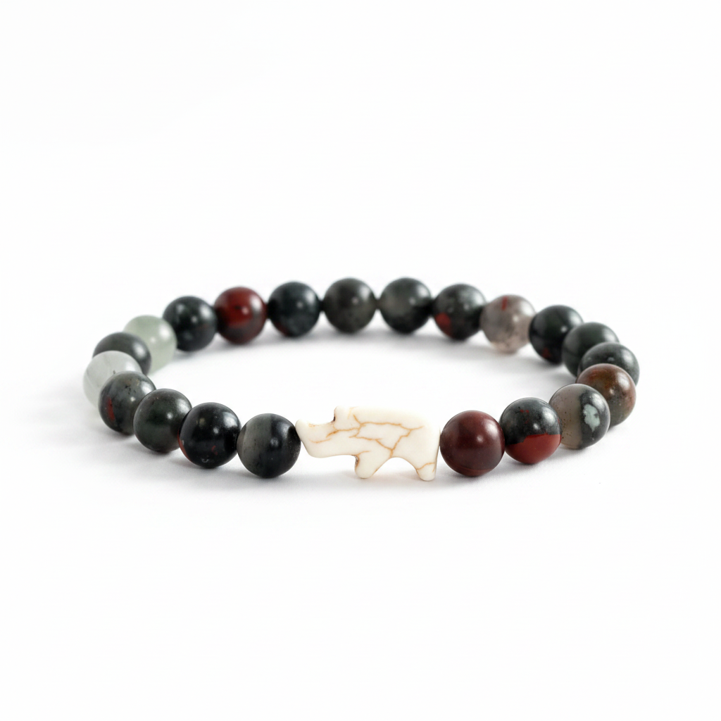Bracelet Fahlo Rhinocéros Savanna perles noires et bordeaux sur fond blanc