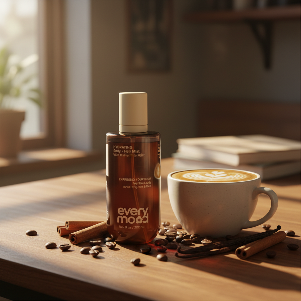 Flacon spray Every Mood Vanilla Latte sur surface cosy avec tasse de latte, grains de café et cannelle