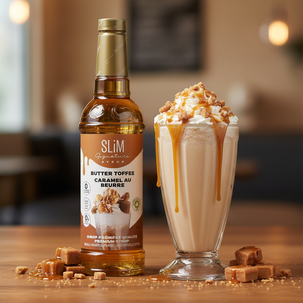 Sirop SLiM Caramel au Beurre avec milkshake doré, crème fouettée et éclats de toffee, ambiance dessert gourmand